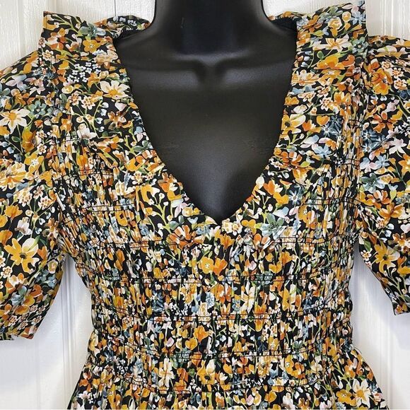 NWT ENGLISH FACTORY Plunge Smocked Cotton Floral Mini Dress Yellow Black Blue XS - Picture 3 of 16